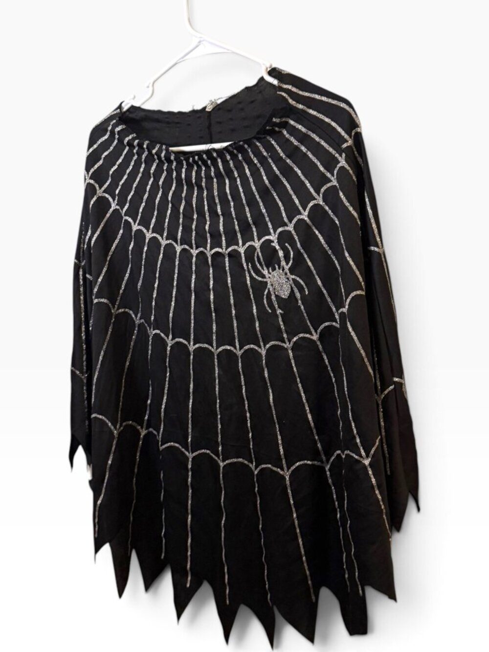 Black & Silver Glitter Spider Web Halloween Poncho/Cape – One Size
